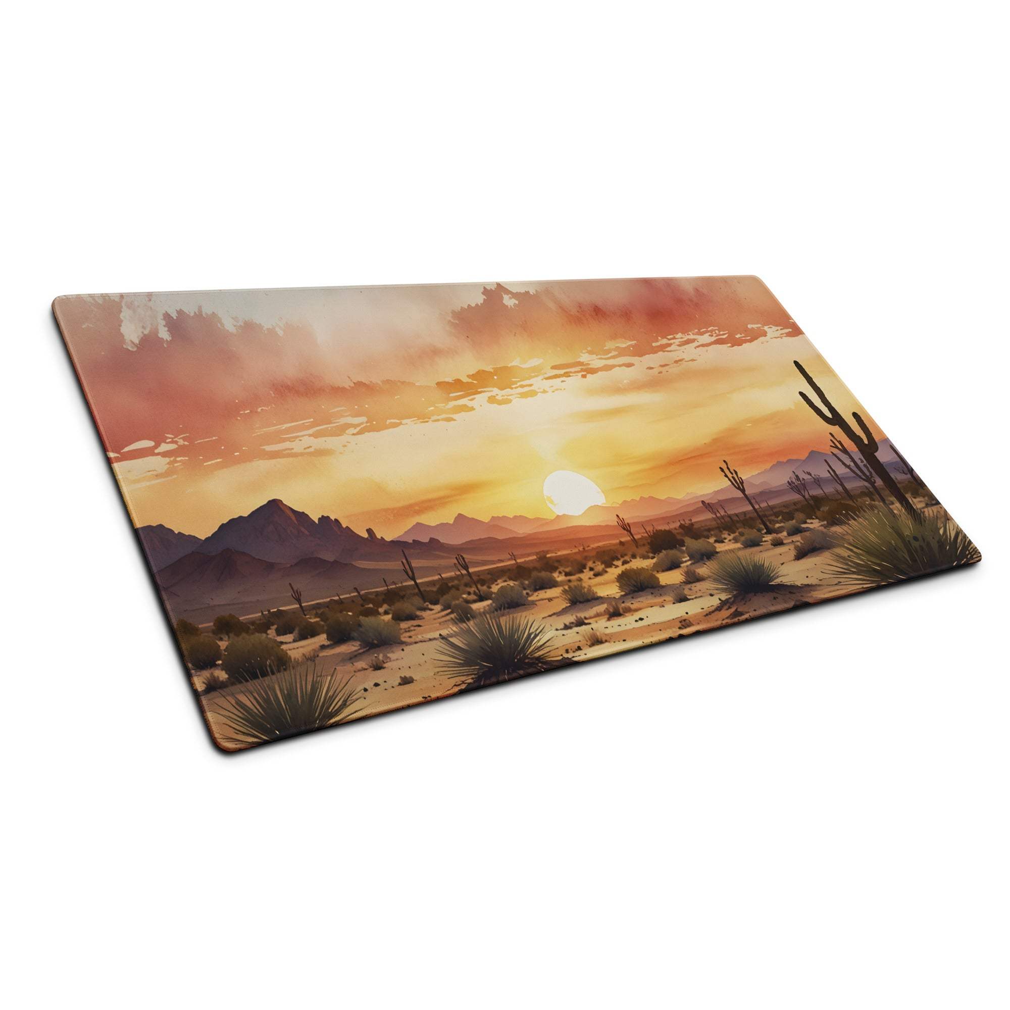 Desert sunset vibe large gaming mouse pad with cacti, mountains, orange skies