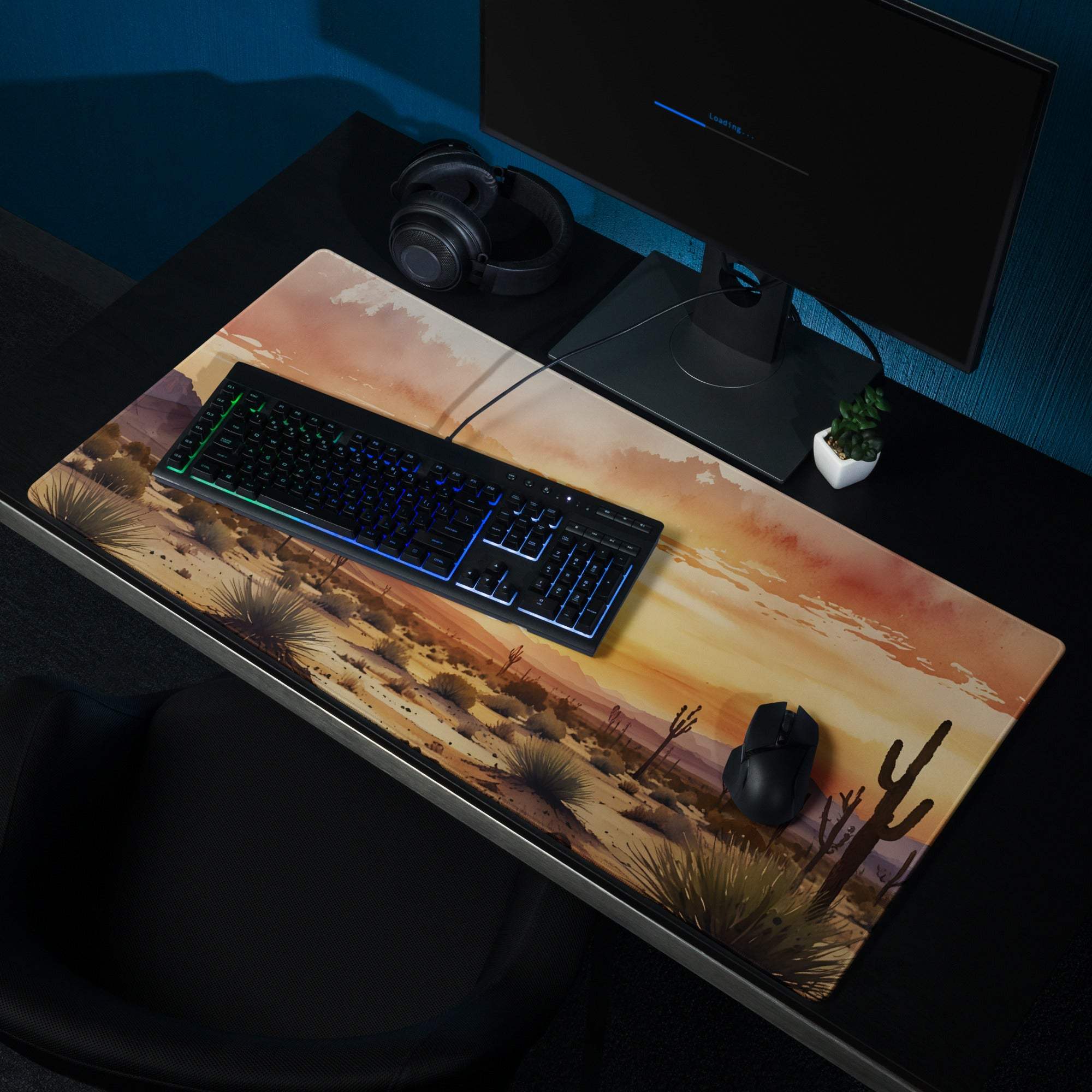 Desert Sunset Vibe large gaming mouse pad with warm orange sunset, cacti, non-slip base