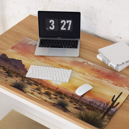 Desert Sunset Vibe large gaming mouse pad with warm orange cacti sunset