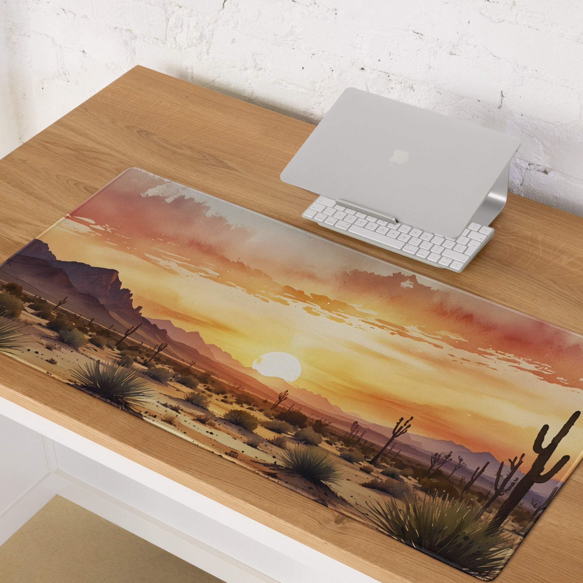 Desert Sunset Vibe large gaming mouse pad with cacti landscape and non-slip base