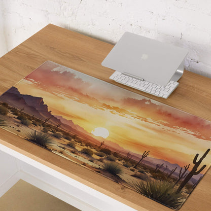 Desert Sunset Vibe large gaming mouse pad with cacti landscape and non-slip base