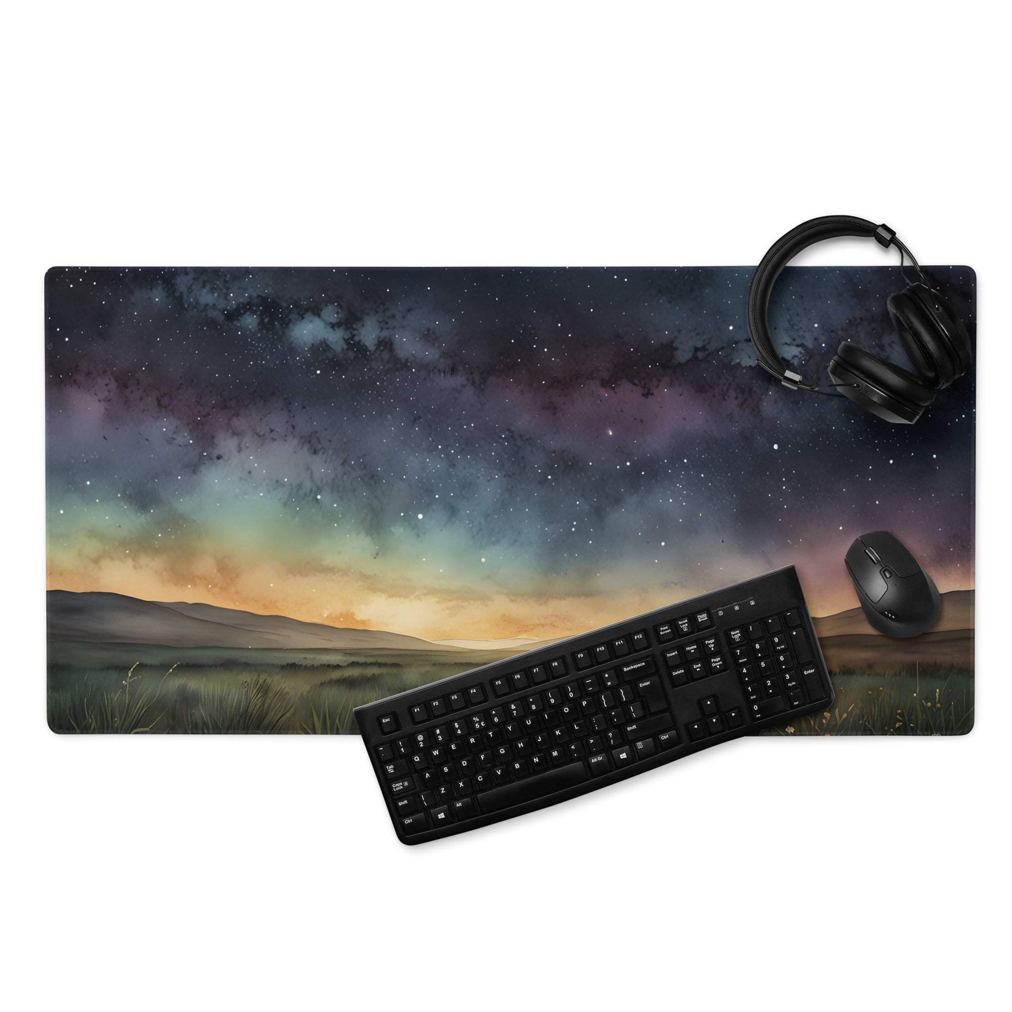 Vibrant cosmic gaming mousepad with nebulae, starry aurora sunset over hills