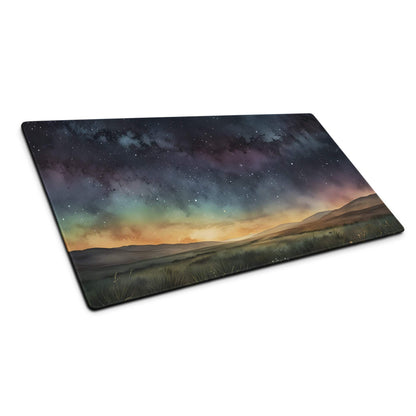 Starry aurora borealis watercolor mouse pad over rolling hills