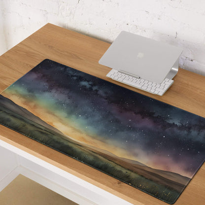 Vibrant cosmic mouse pad with nebulae, starry aurora sunset over hills