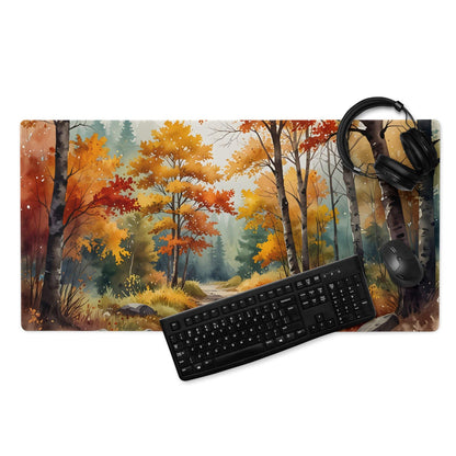 Autumn forest gaming mouse pad with keyboard, mouse, non-slip base