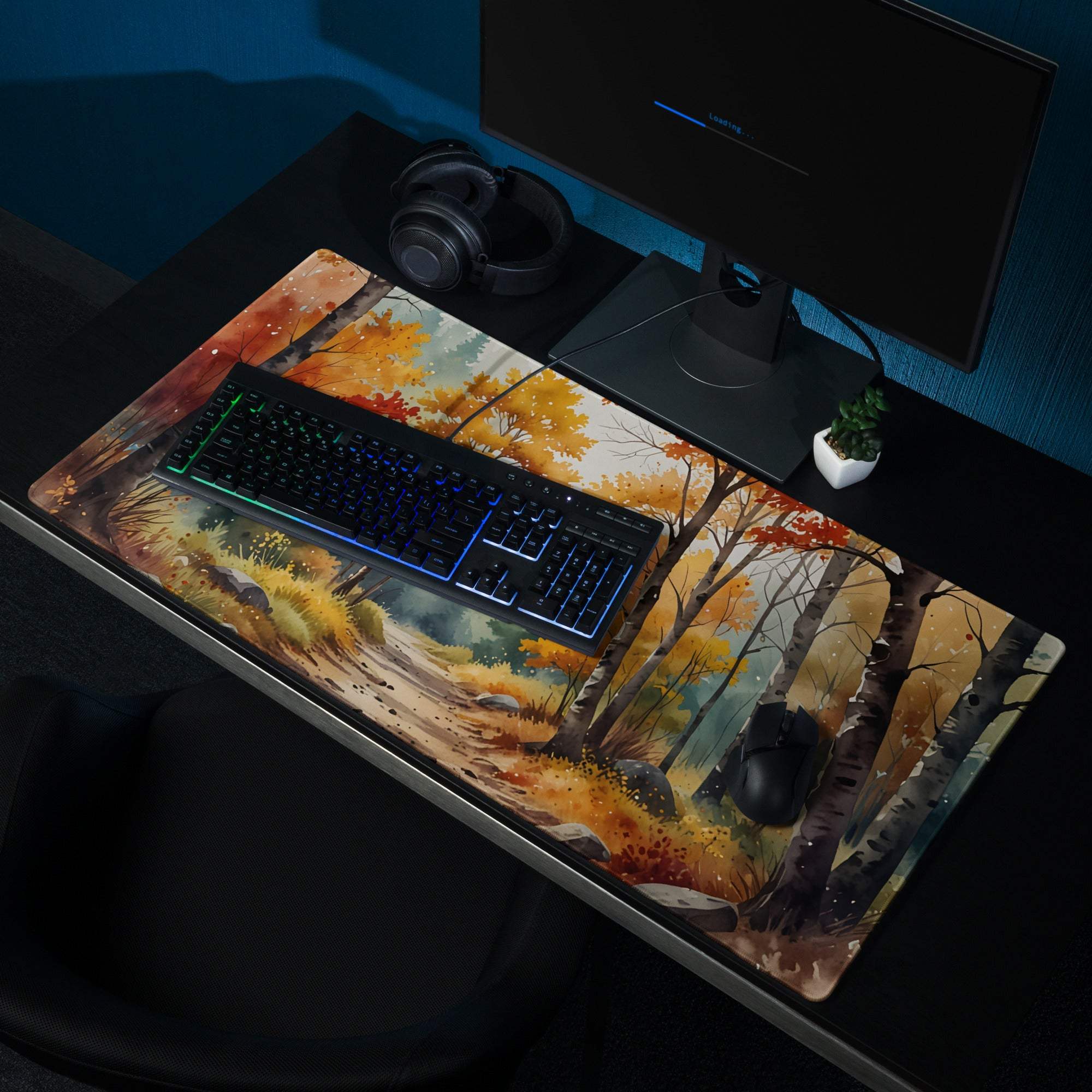 Autumn Forest large gaming mousepad with leaves, keyboard, mouse