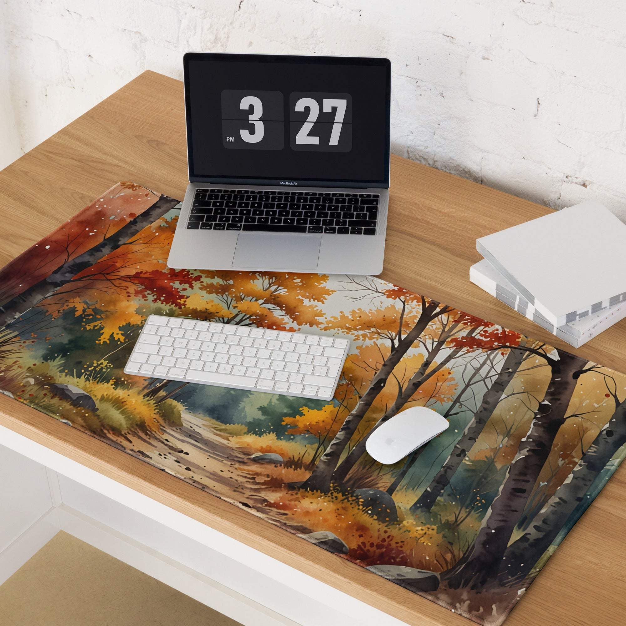 Autumn forest watercolor mousepad with non-slip base and stitched edges