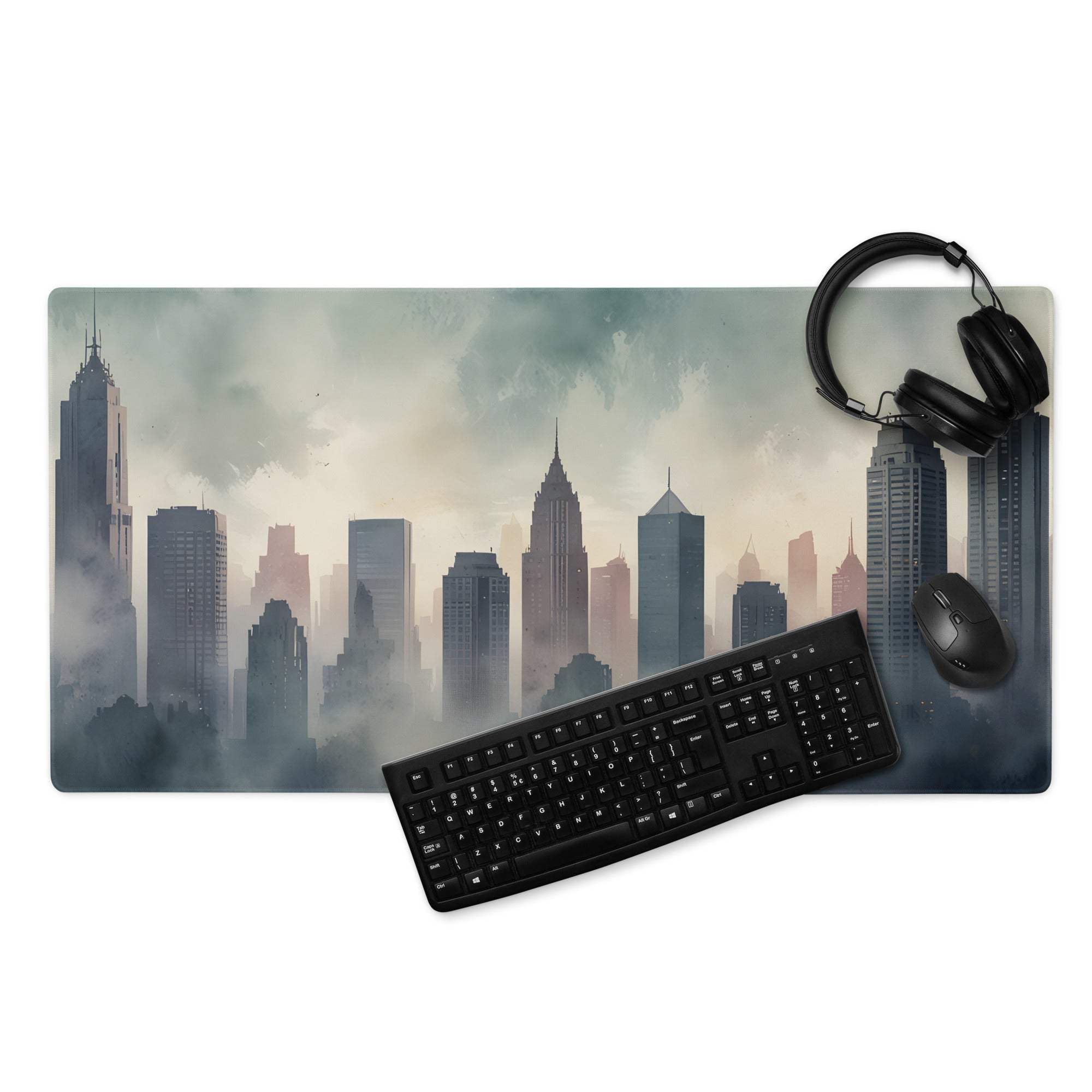 Epic moody urban skyline large gaming mouse pad with misty grays oranges