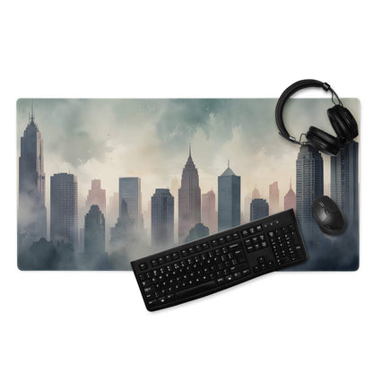 Epic moody urban skyline large gaming mouse pad with misty grays oranges