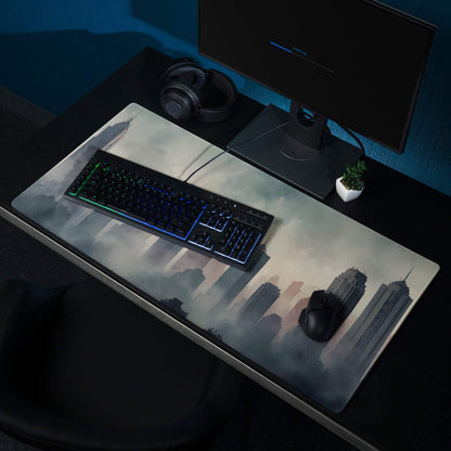 Epic moody urban skyline large gaming mouse pad with misty cityscape