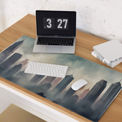 Large epic moody urban skyline gaming mouse pad with misty city design