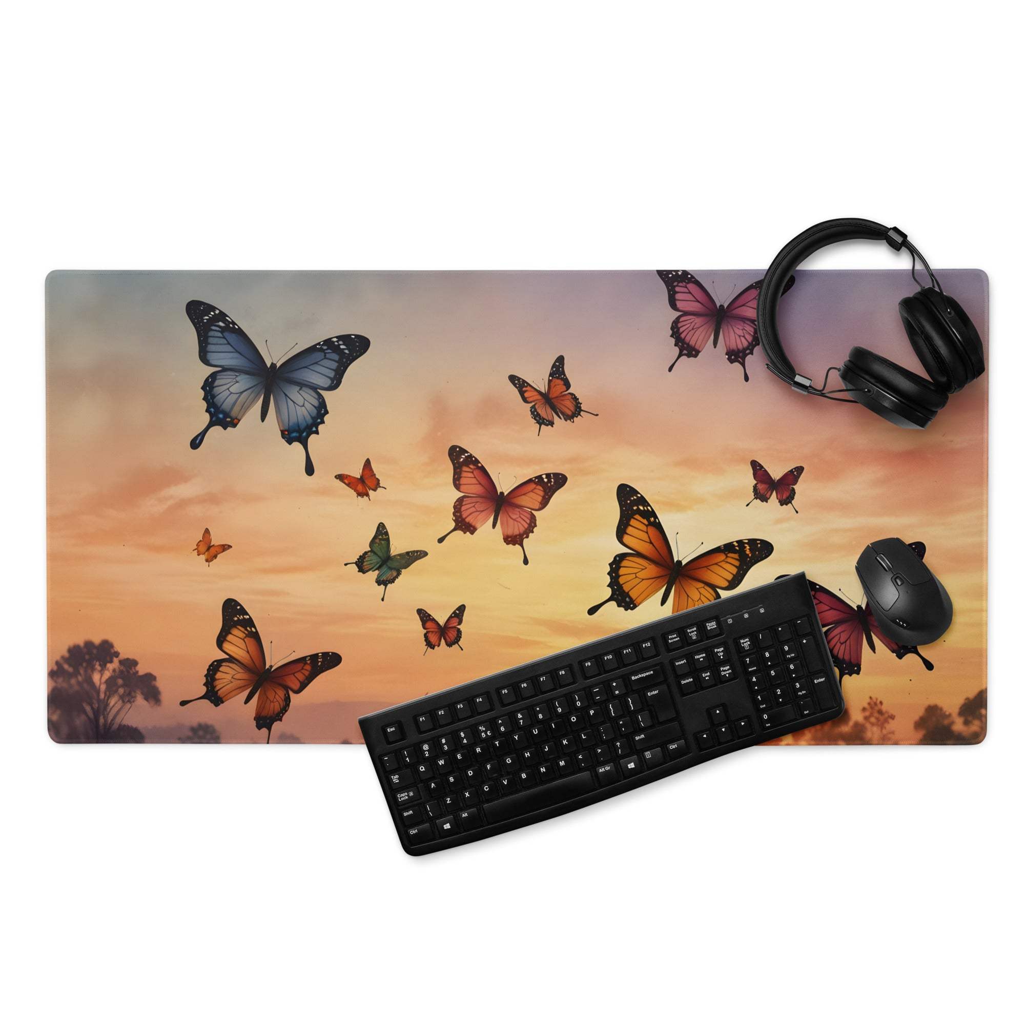 Sunset butterflies gaming mouse pad with vibrant butterfly on orange purple sunset backdrop