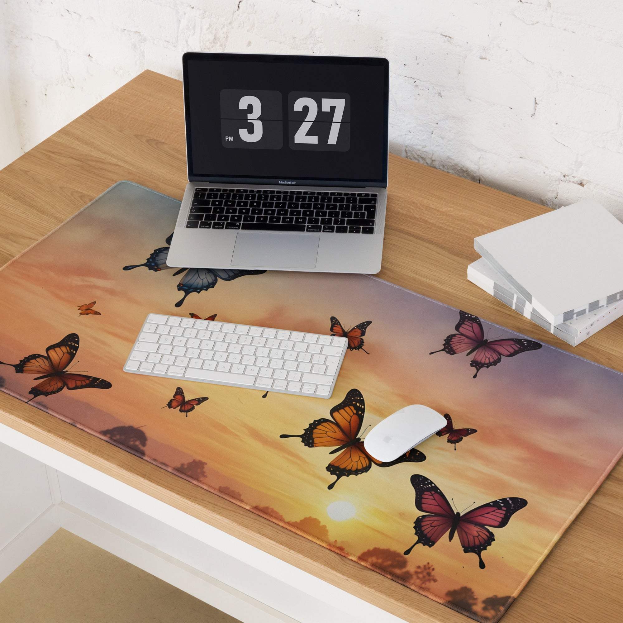 Sunset butterflies gaming mouse pad with vibrant orange pink black scene