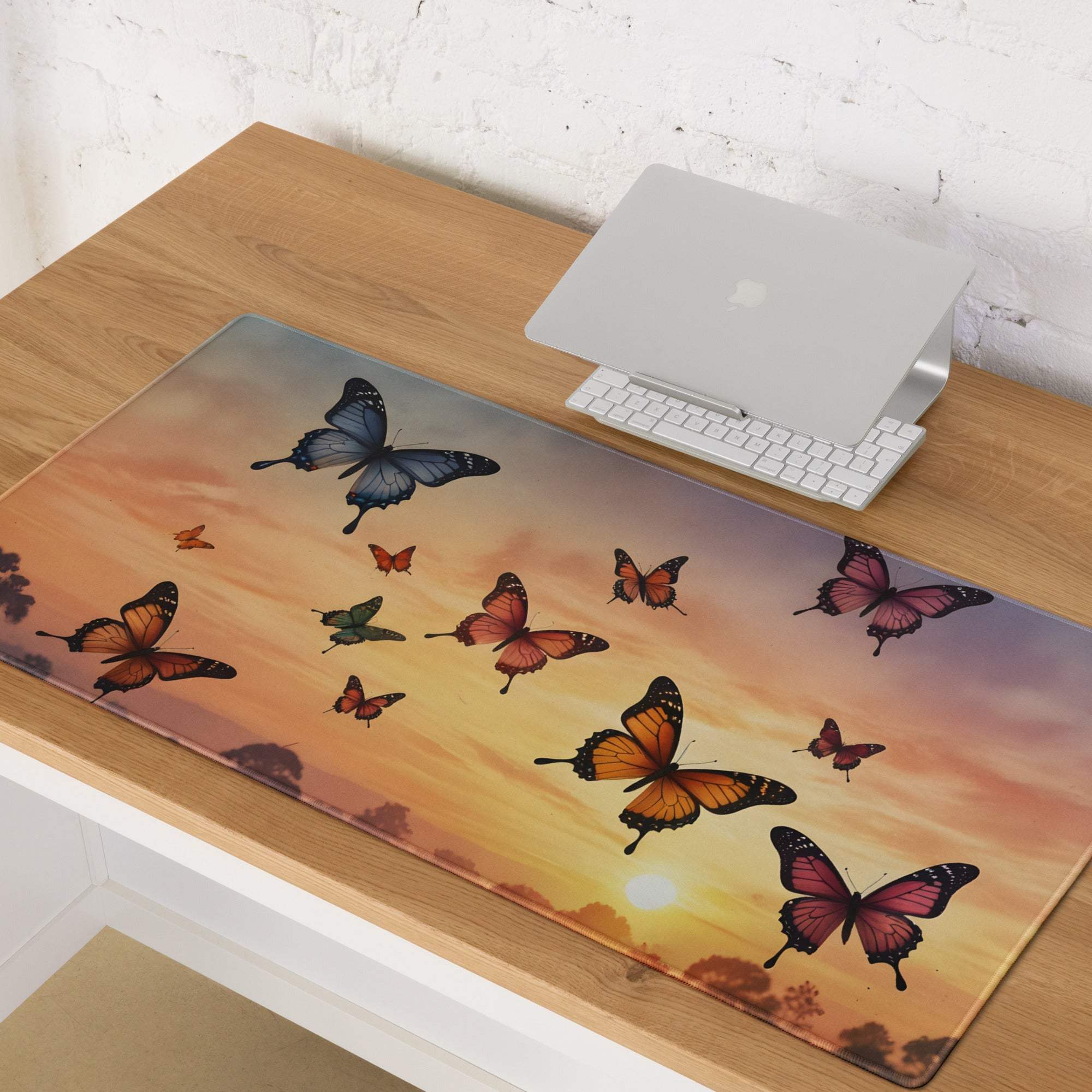 Sunset butterflies gaming mouse pad with vibrant orange pink blue green design