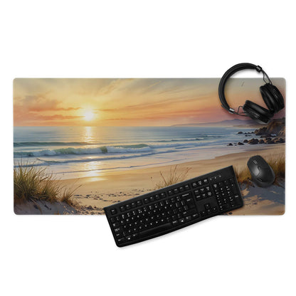 Coastal sunset beach gaming mousepad with black keyboard and headphones