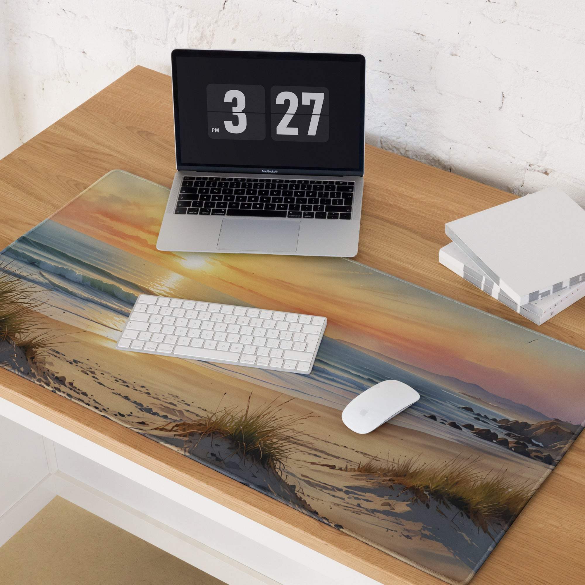 Coastal sunset beach gaming mouse pad with beige blue dunes waves non-slip backing