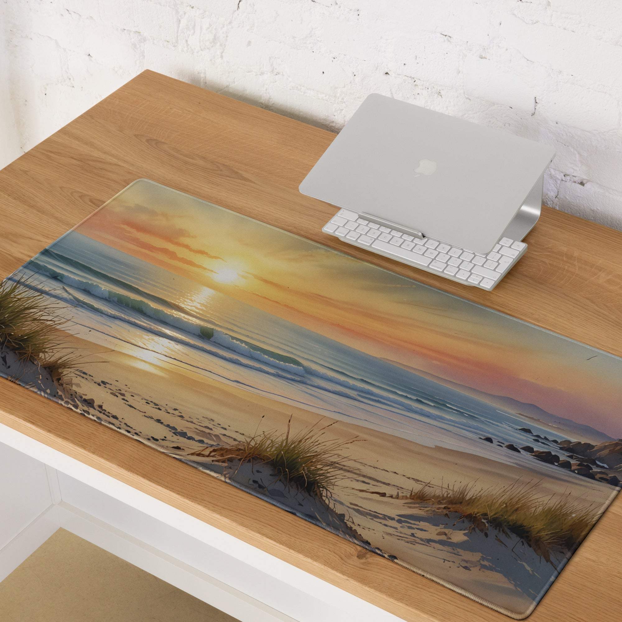 Coastal sunset beach gaming mouse pad with beige gold scene and non-slip backing