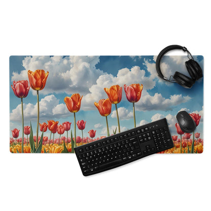 Vibrant HD tulip field mouse pad with orange blooms and bright sky