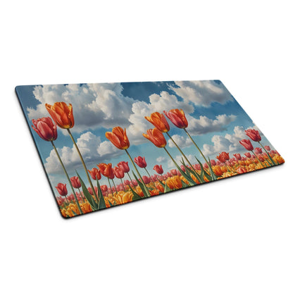 Vibrant orange pink tulip field print on rectangular glass cutting board