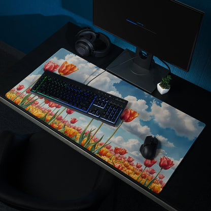 Vibrant HD orange pink tulip field mouse pad with bright sky gaming design