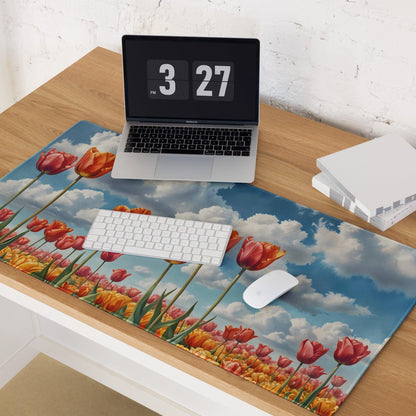 Vibrant HD tulip field mousepad with orange blooms and bright blue sky