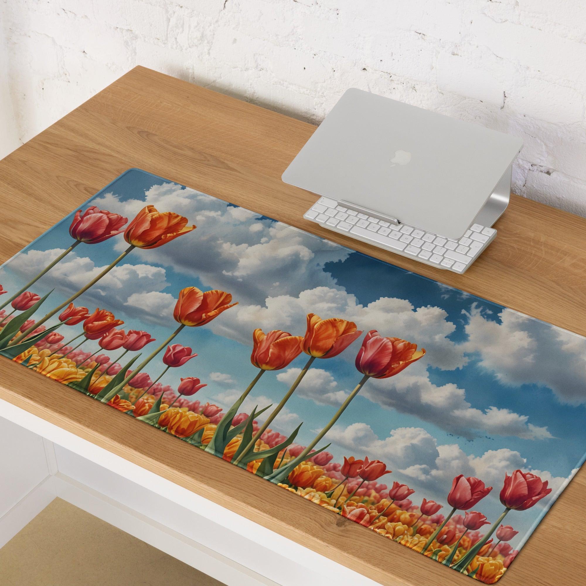 Vibrant HD tulip field mousepad with orange blooms, tall stems, glossy finish