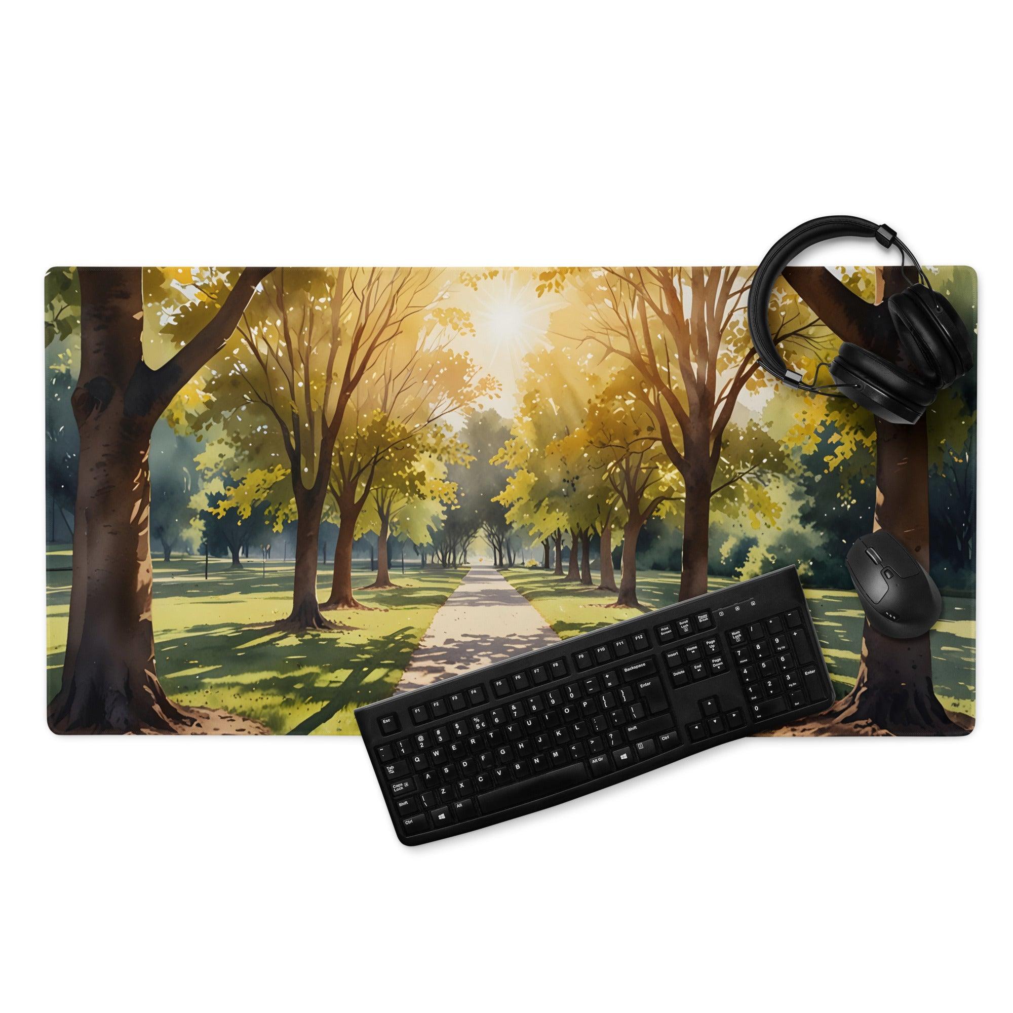 Illustrated forest path sunlit golden hour gaming mouse pad