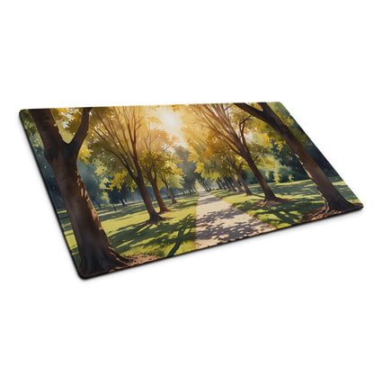 Rectangular glass cutting board with sunlit forest path scene