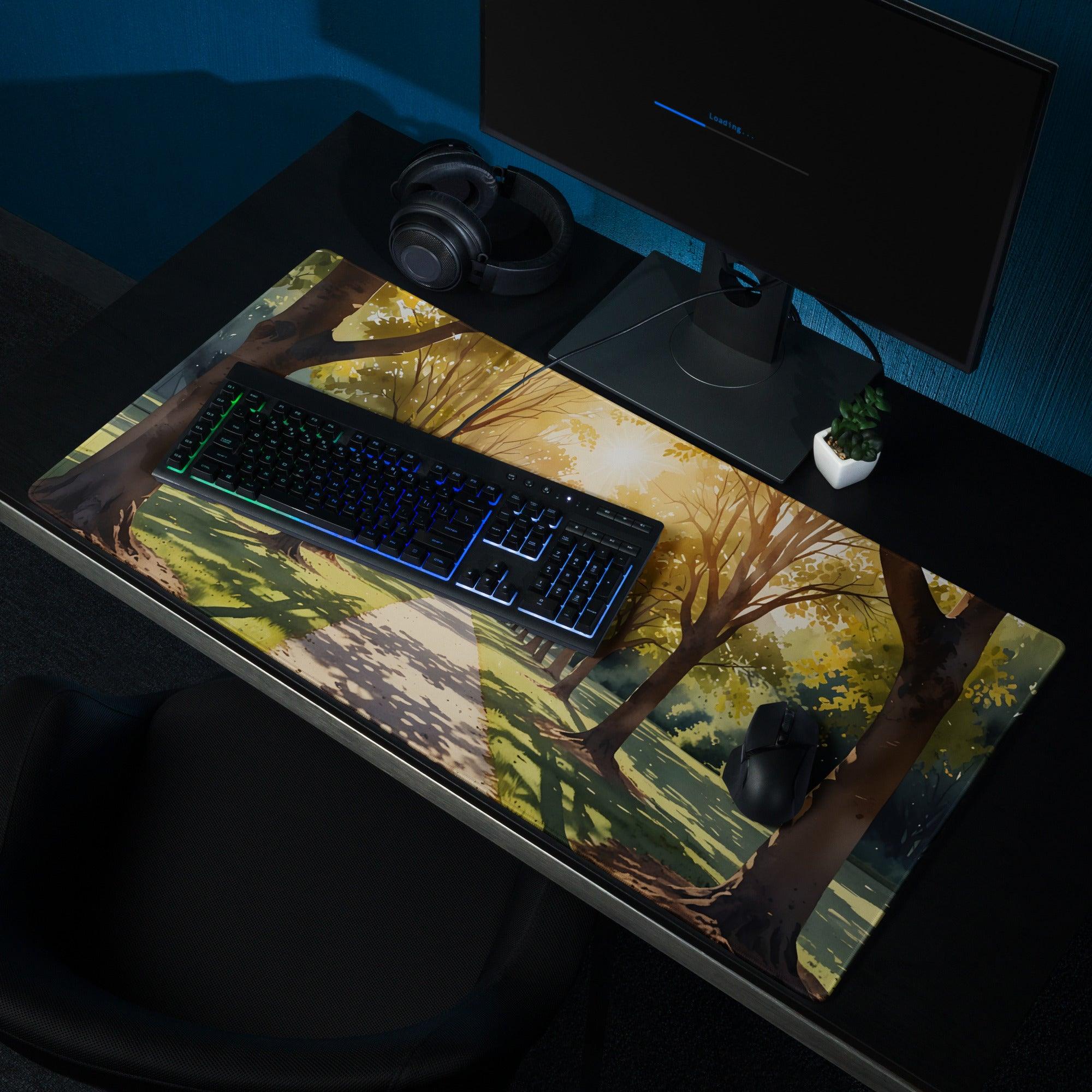 Illustrated forest path sunlit golden hour gaming mouse pad with autumn trees