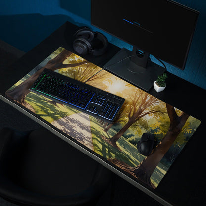 Illustrated forest path sunlit golden hour gaming mouse pad with autumn trees