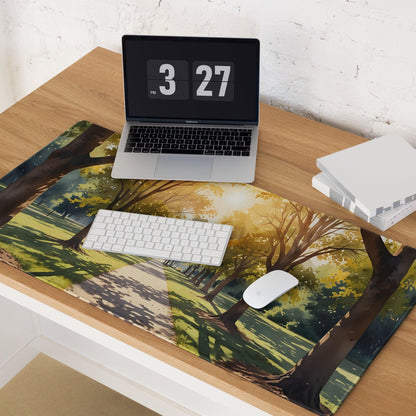 Vibrant sunlit forest path mouse pad with non-slip backing