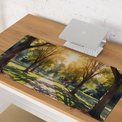 Illustrated forest path sunlit golden hour gaming mouse pad