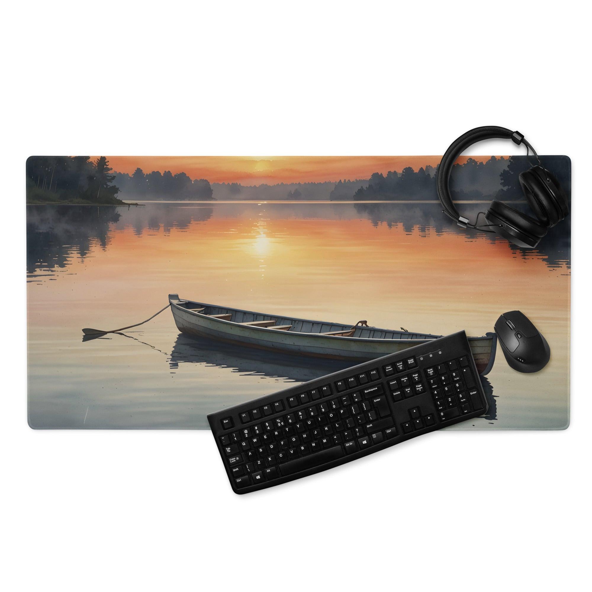 Serene sunset lake canoe mouse pad in orange blue hues