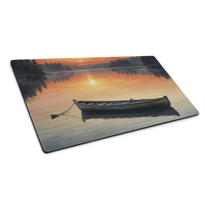 Serene sunset lake boat scene glass cutting board with canoe reflection