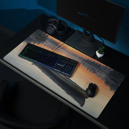 Serene sunset lake boat gaming mousepad in orange blue hues
