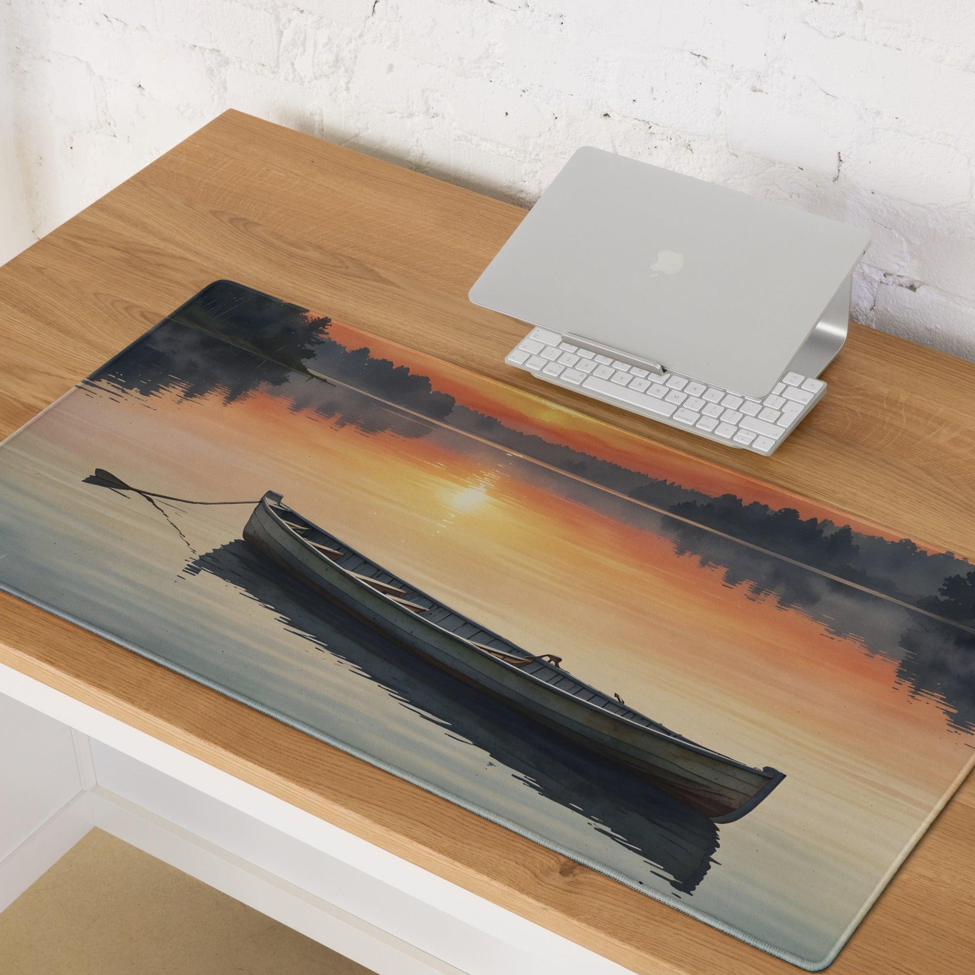 Serene sunset lake boat mousepad with calm orange blue hues