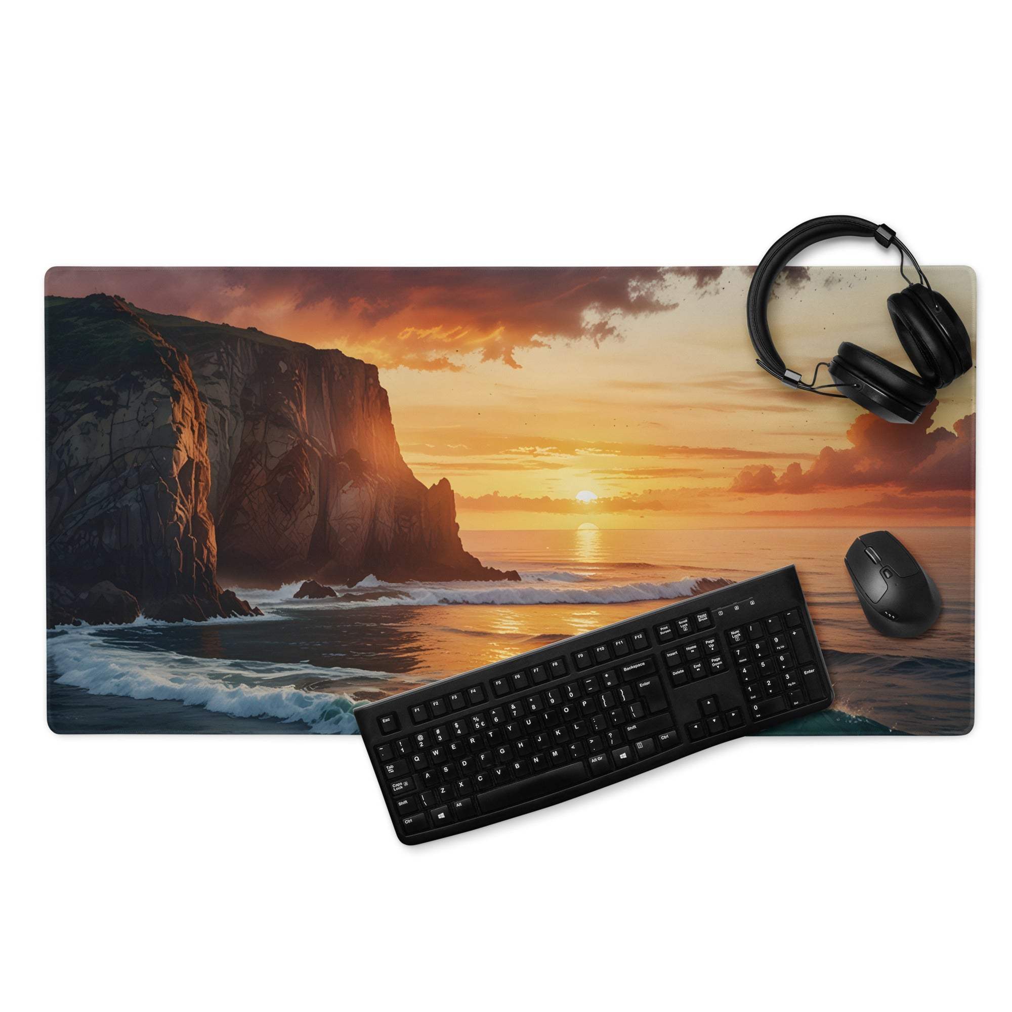 Scenic warm sunset ocean cliff gaming mouse pad with keyboard and mouse