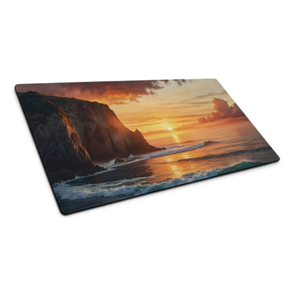 Scenic sunset ocean cliff mouse pad with warm orange hues on large non-slip surface