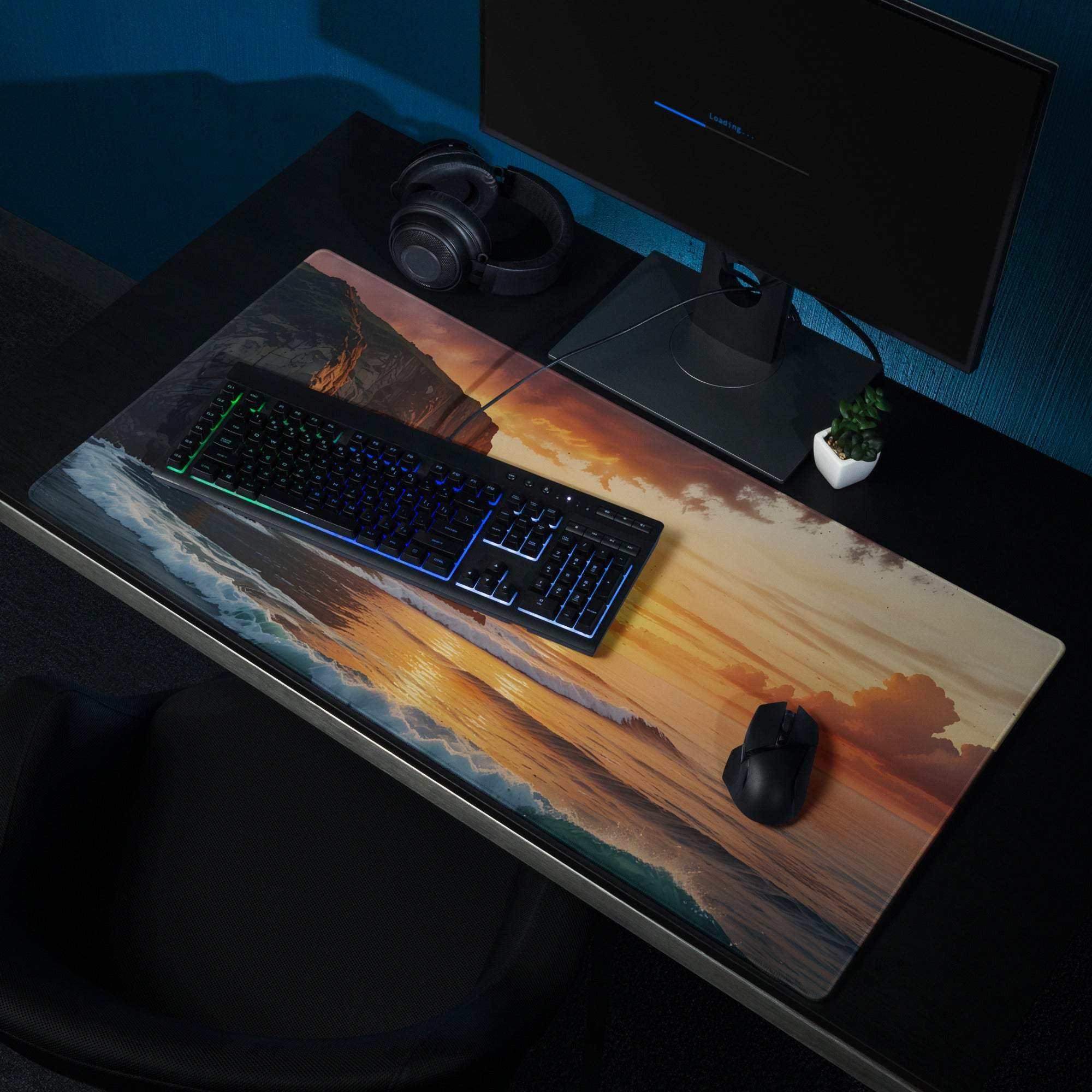 Scenic warm sunset ocean cliff gaming mouse pad with non-slip base