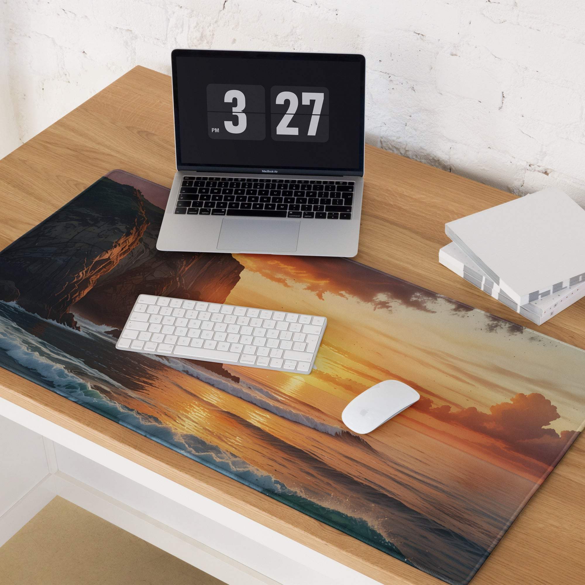 Scenic warm sunset ocean cliff gaming mouse pad with non-slip base