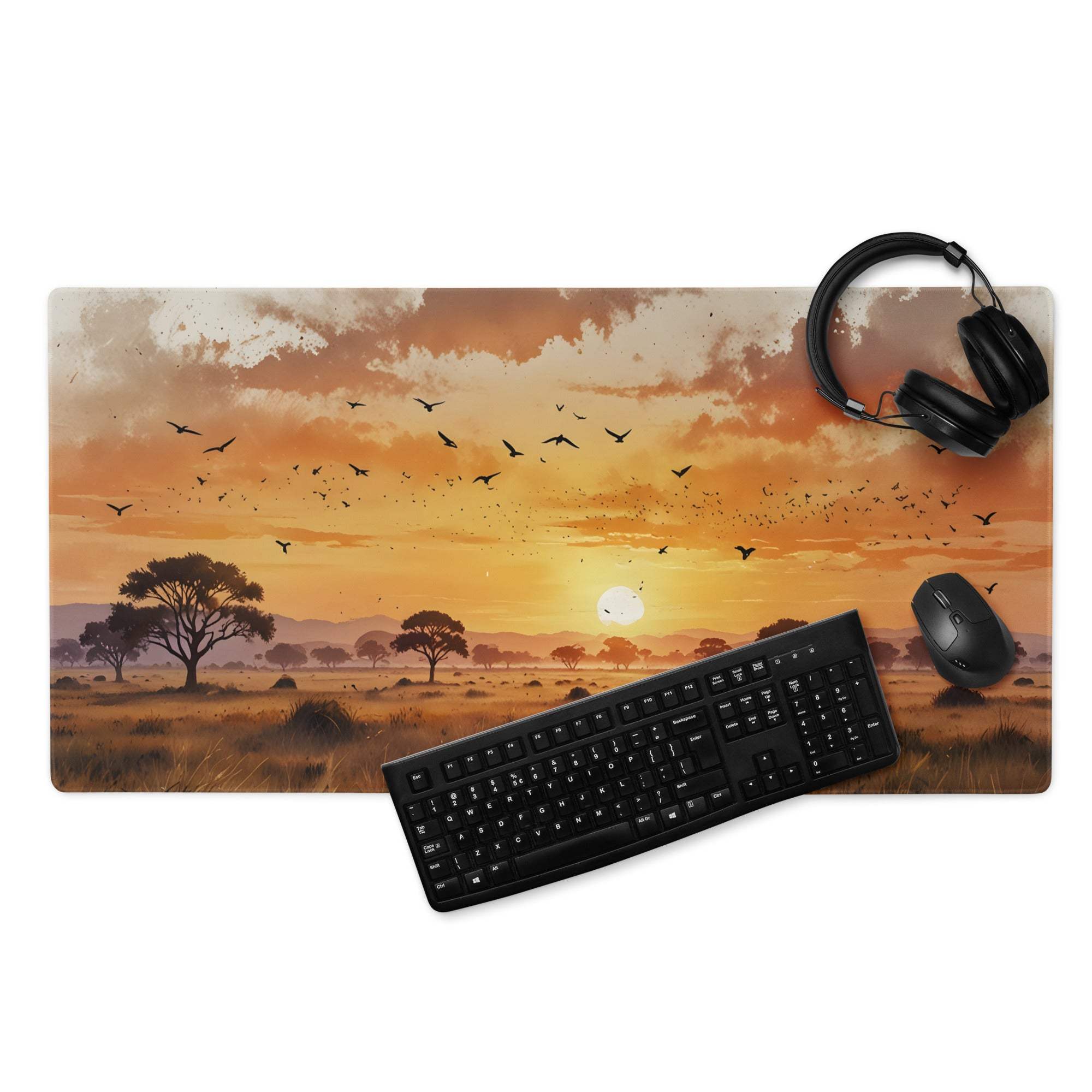 Stylized sunset savanna gaming mouse pad with warm orange hues, non-slip base
