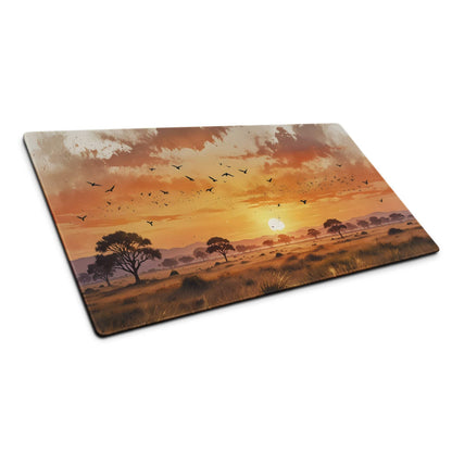 Stylized sunset savannah gaming mouse pad with non-slip base