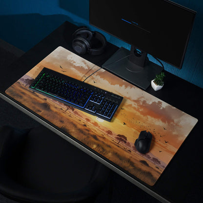 Stylized sunset savannah gaming mouse pad with non-slip base