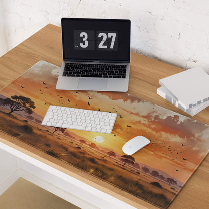 Large stylized sunset savanna gaming mouse pad with non-slip base