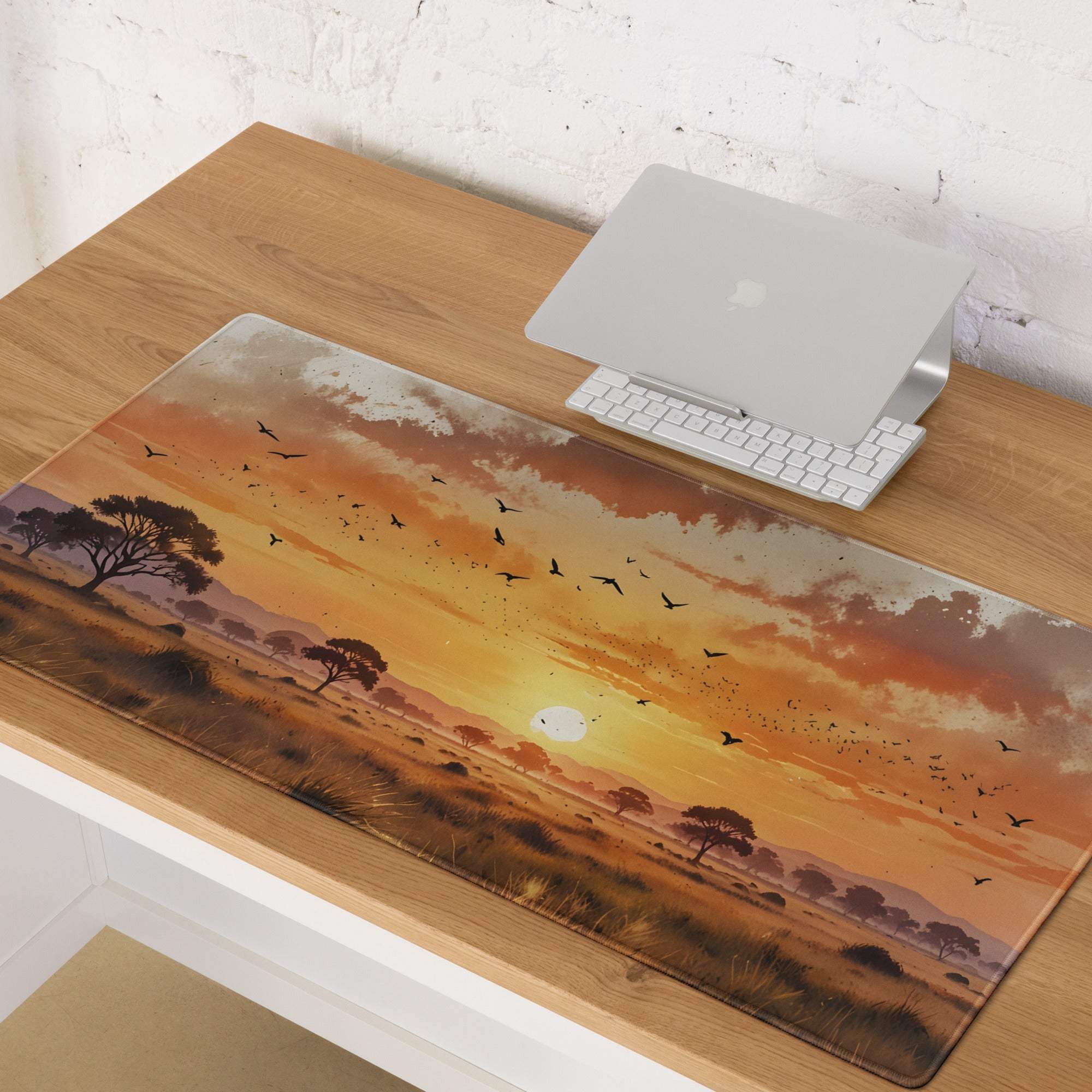 Large stylized sunset savanna gaming mouse pad with non-slip base