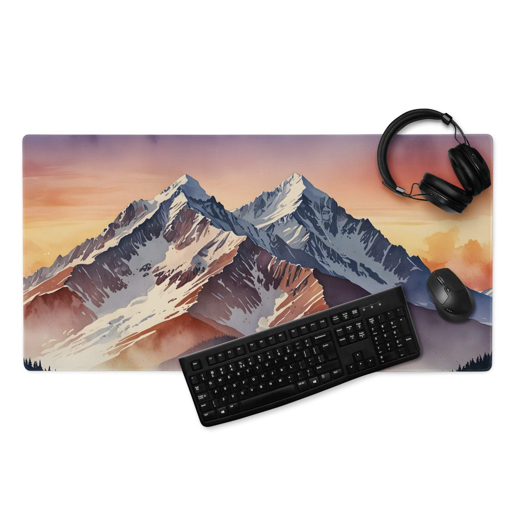 Epic Mountain Sunrise gaming mouse pad with vibrant sunset mountains