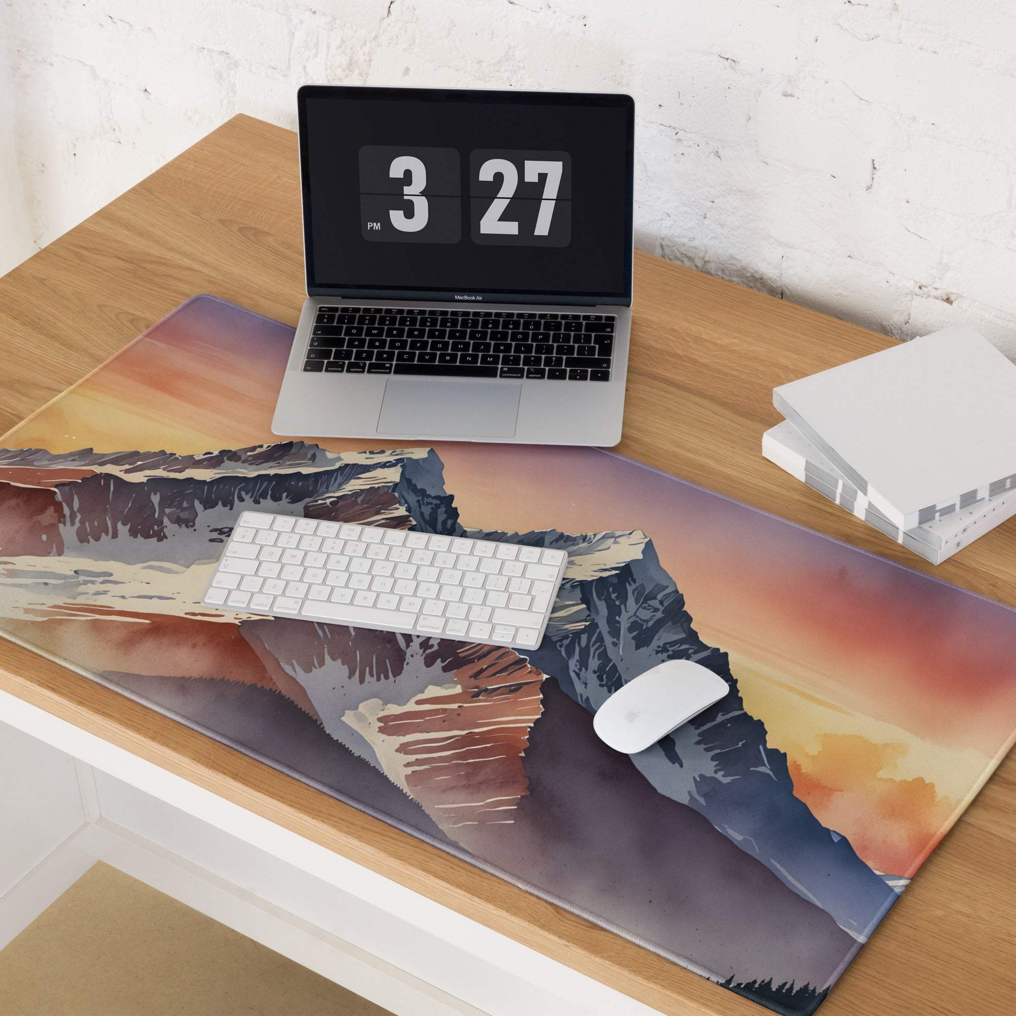 Epic Mountain Sunrise gaming mouse pad with watercolor mountain sunset design