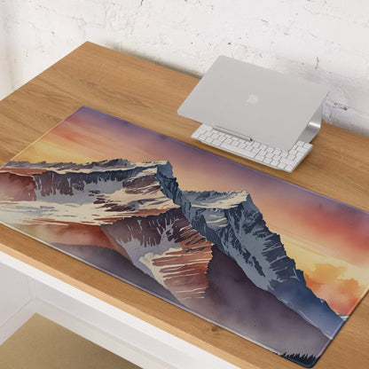 Epic Mountain Sunrise gaming mouse pad with snowy peaks sunset art