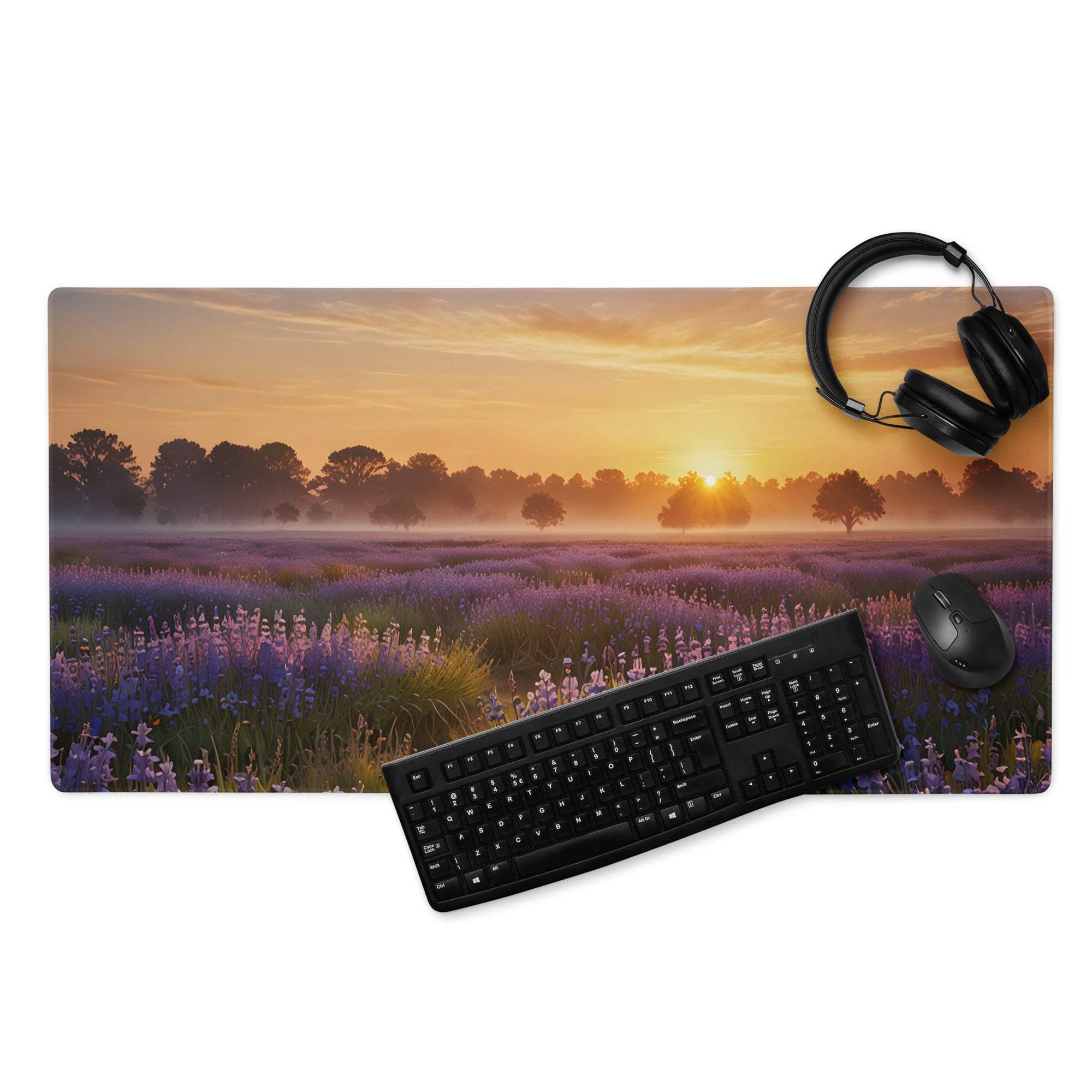 Tranquil sunrise lavender field gaming mouse pad with non-slip backing
