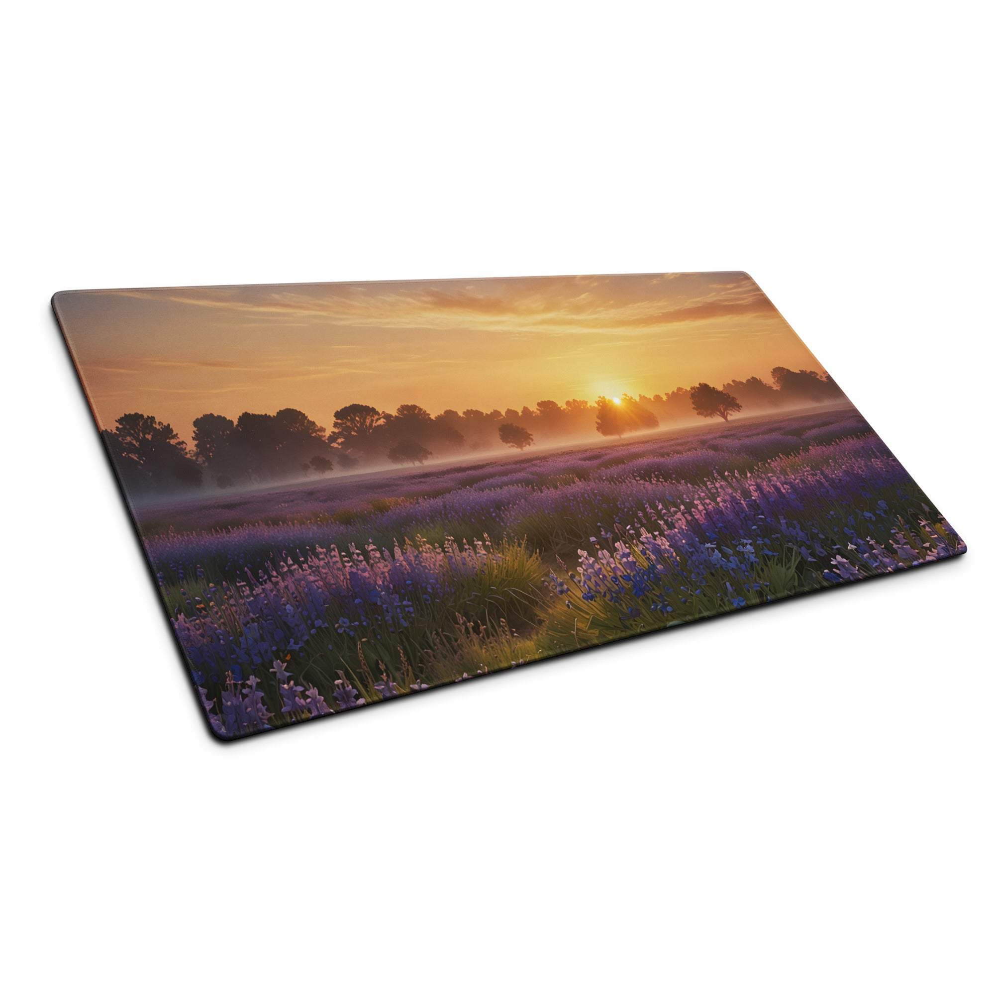 Tranquil sunrise lavender field rectangular gaming mouse pad, non-slip backing
